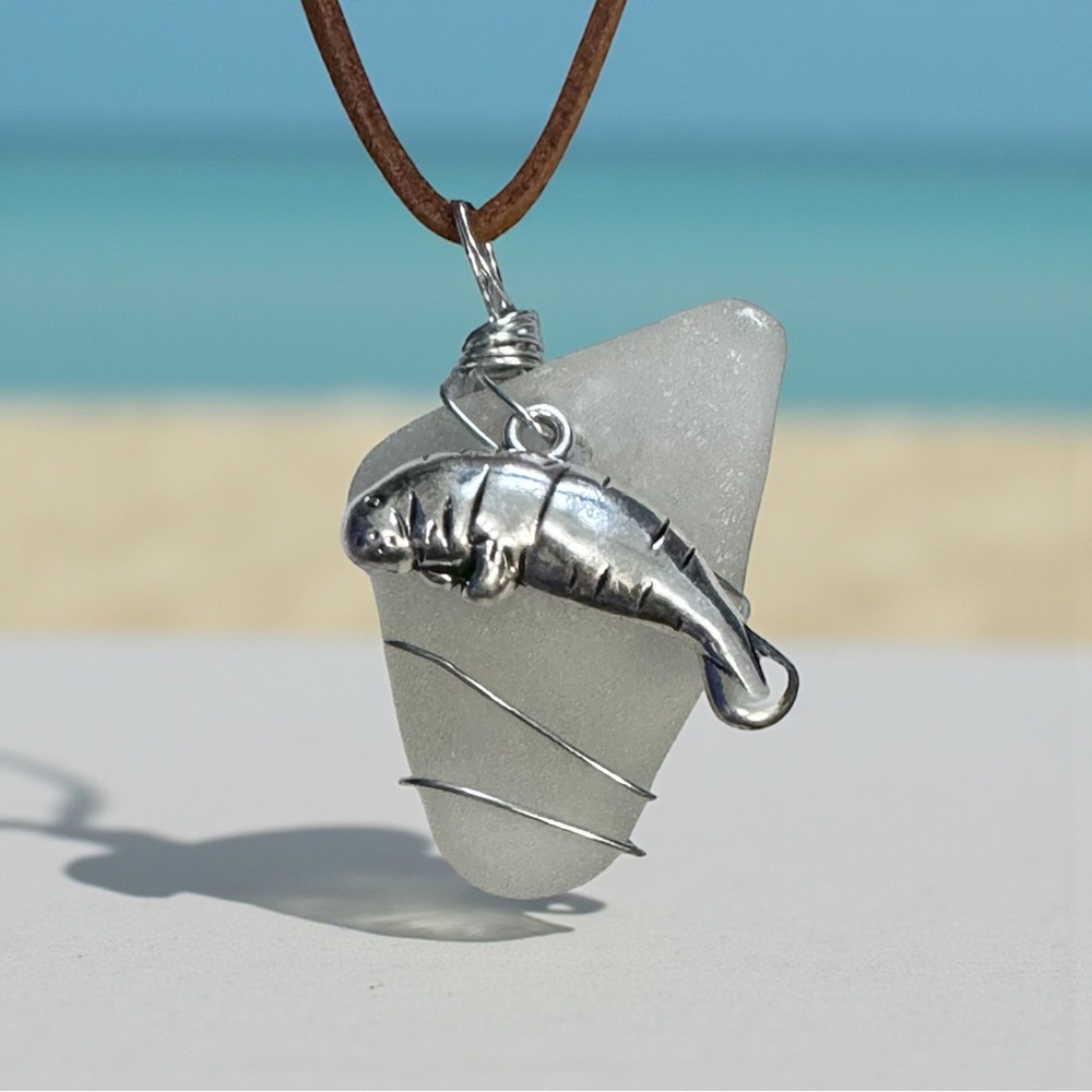 NWT OOAK Handmade Surf Tumbled Sea Glass & Manatee Pendant Necklace